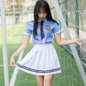 班服套装学生校服夏季高中水手服jk制服毕业照服装学院风女 女白裙 蓝