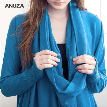 ANUZA2016秋冬新款原创设计师女装雪纺拼接羊毛针织长袖连衣裙 蓝色   M  宽松均码