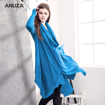 ANUZA2016秋冬新款原创设计师女装雪纺拼接羊毛针织长袖连衣裙 蓝色   M  宽松均码