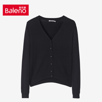 班尼路/Baleno女装 甜美V领开衫针织衫长袖 学院风薄款修身毛衣女 纯黑 M