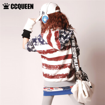 Ccqueen秋装新款街头做旧潮流休闲国旗印花连帽卫衣开衫夹克外套 枣蓝星条旗 L