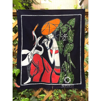 云南民族风情人物壁挂毯手工蜡染纯棉装饰壁画 民族家居装饰画 吹笛