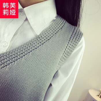 韩芙莉娅 2016新款秋冬装东大门大码女装针织衫毛衣背心马甲女中长款宽松V领马夹 黑色 均码