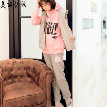 
                                        美丽协议2015孕妇装秋冬装加绒加厚孕妇套装三件套冬季时尚休闲卫衣LL1537 灰色 L                