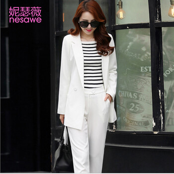 秋季女装新品 韩版时尚西装套装女 中长款外套+长裤两件套潮 白色 XL
