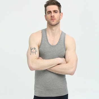 男士背心纯棉条纹青年透气莫代尔运动打底修身型吊带二道杠背心男 灰