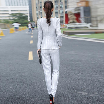 佐露丝   条纹时尚套装女2015秋季新品女装两件套棉麻上衣长裤潮 7177 浅灰色 M
