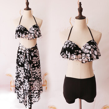 霂咔泳衣女三件套比基尼大小胸聚拢高腰披纱性感温泉沙滩泳装 黑色