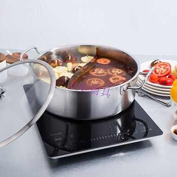 火锅 不锈钢直型不粘锅清汤带格平底涮鸳鸯锅 30cm带格