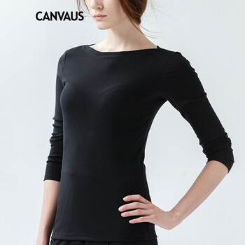 
                                        CANVAUS 棉纯色长袖T恤女一字领黑色春修身大码打底衫F132A 黑色 XXL                