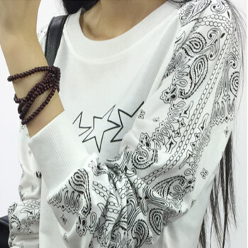 玉瓦2015秋装新款复古五角星印花插肩袖宽松T恤女4195 白色 L