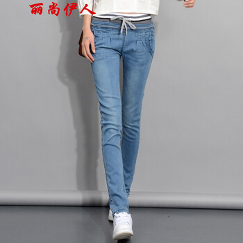 丽尚伊人 2015秋装新品大码弹力长裤哈伦松紧腰小脚铅笔牛仔裤女2111 浅蓝色 27码  M