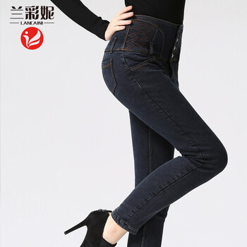 兰彩妮高腰牛仔裤女修身显瘦冬季加绒加厚小脚裤 雪花黑 L