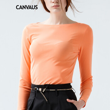 
                                        CANVAUS 棉纯色长袖T恤女一字领黑色春修身大码打底衫F132A 黑色 XXL                