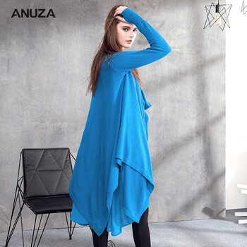 ANUZA2016秋冬新款原创设计师女装雪纺拼接羊毛针织长袖连衣裙 蓝色   M  宽松均码