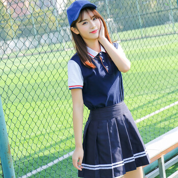 夏季韩版潮初中高中学生班服校园服装女毕业照学院风校服套装 女深蓝