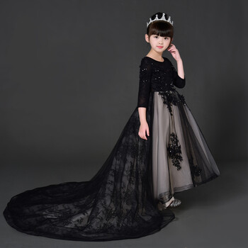 高端儿童礼服黑色公主裙女童拖尾超长模特走秀钢琴演出服晚礼服秋