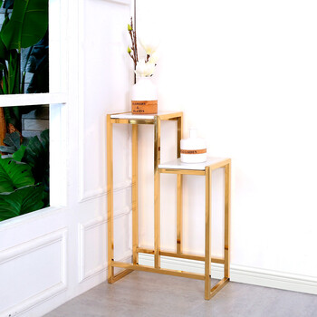 花几花架边几 家用客厅置物架角几金色不锈钢大理石花架现代简约 双个