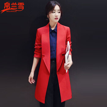 帛兰雪 毛呢大衣女2015新款女装韩版淑女中长款西装领毛呢休闲时尚外套 红色. M