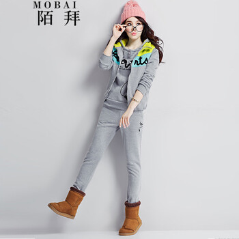 陌拜 2016春季新款韩版加厚加绒卫衣三件套大码套装运动服 黑色 M