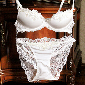 欧美女士 内衣文胸罩套装性感蕾丝刺绣薄款简约聚拢宫廷 米白色 34