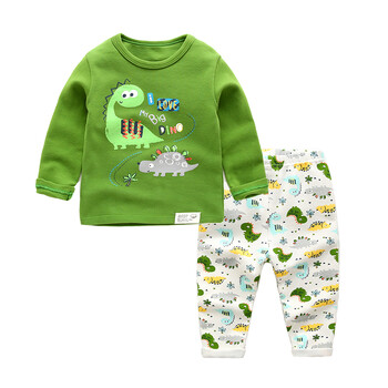 服两件套宝宝家居服男2018新款小童保暖套装男童睡衣秋冬 绿色恐龙