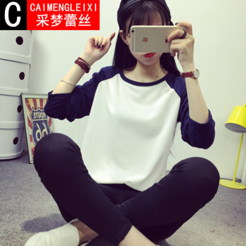 采梦蕾丝2015秋季新款学院风插肩袖简约百搭长袖上衣服韩范学生闺蜜装T恤B3127 黑色 M