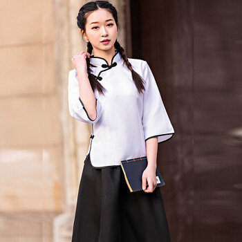 棉麻民国风服装女装学生装复古班服拍照古筝演出服 白色 民国女装 xl