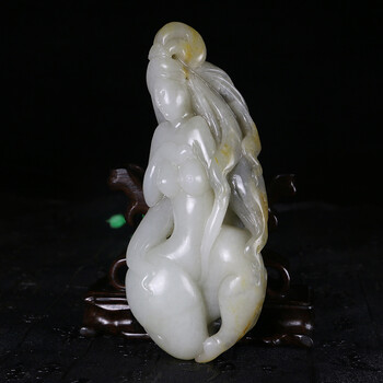 润德典藏 和田玉籽料玉女手把件青花红皮裸女把件 孤品 附证书