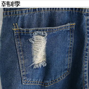 韩悸休闲裤2015秋季女装新款韩版休闲宽松百搭大码修身显瘦破洞连体牛仔背带裤837 838-蓝色破洞 L