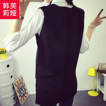 韩芙莉娅 2016新款秋冬装东大门大码女装针织衫毛衣背心马甲女中长款宽松V领马夹 黑色 均码