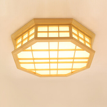 日式原木色八角吸顶灯和室榻榻米卧室led灯实木创意艺术装饰灯 无极调