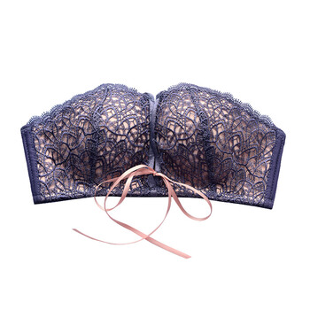 鑫淼无肩带文胸 聚拢防滑上托u型无钢圈抹胸罩蕾丝薄款女半杯隐形内衣