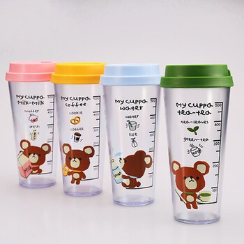 琅品 可爱熊宝塑料随手杯 带盖带提绳带刻度环保材质 学生水杯子 550ml 大号熊宝随手杯-粉色
