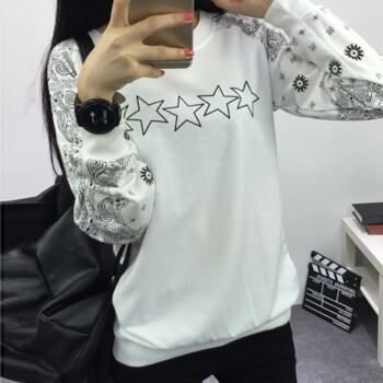 玉瓦2015秋装新款复古五角星印花插肩袖宽松T恤女4195 白色 L
