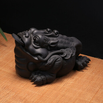 宜兴紫砂茶宠摆件茶盘茶具配件精品雕塑手工茶玩龙蟾三足金蟾 黑色龙