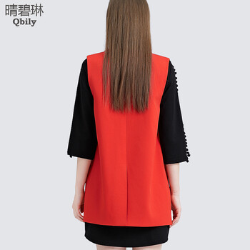 晴碧琳2015秋装新品女装 西装翻领无袖双排扣中长款马甲外套 红色 S