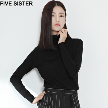 FIVE SISTER五姐妹纯色高领套头毛衣女长袖打底毛衫2015秋冬EA181 黑色 均码