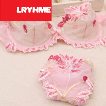 不俗媛风色刺绣蕾丝性感内衣樱桃文胸套装 粉色 75b