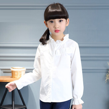 女童衬衫夏装韩版13岁中大童打底白色衬衣小女孩衣服儿童短袖 荷花领