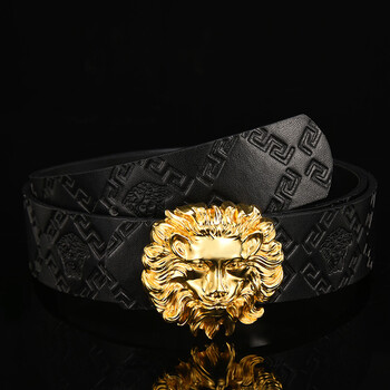 2018新品美杜莎皮带男士真皮青年铜头平滑扣腰带纯牛皮裤带休闲 狮头