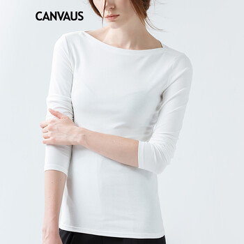 
                                        CANVAUS 棉纯色长袖T恤女一字领黑色春修身大码打底衫F132A 黑色 XXL                