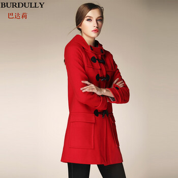BURDULLY 连帽牛角扣羊毛呢大衣女中长款 宽松大码毛呢外套 红色 L