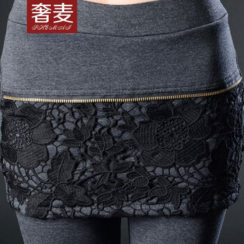 奢麦2015秋装新款假两件打底裤裙裤女韩版潮蕾丝显瘦打底裤8656 黑色加绒款 均码