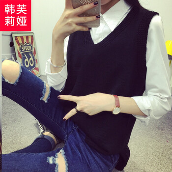 韩芙莉娅 2016新款秋冬装东大门大码女装针织衫毛衣背心马甲女中长款宽松V领马夹 黑色 均码
