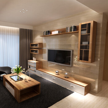 客厅电视柜组合背景墙柜茶几实木颗粒简约现代套装挂柜橡木北欧 2米4
