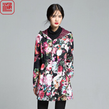 渔牌 F13C3123 秋水一色 印花高腰连帽中长款外套 吊牌价2058元 暗红色 M