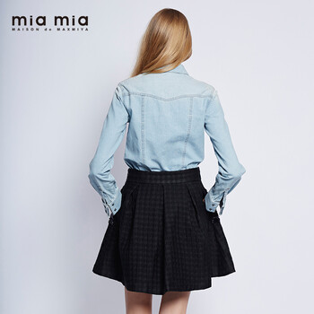 miamia2015秋季新品欧美风纯棉方领水洗牛仔女式长袖宽松休闲衬衫842537 蓝色 M/38