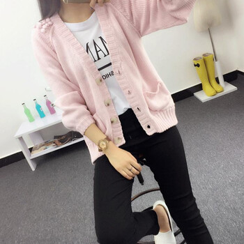 pansplor  2015小清新森女系文艺毛衣外套女短款开衫甜美球球学生软萌可爱针织衫 粉色 均码