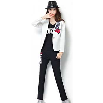 歌妮萱2015秋装新款时尚休闲印花长袖三件套 西服外套女 白色 XXXL